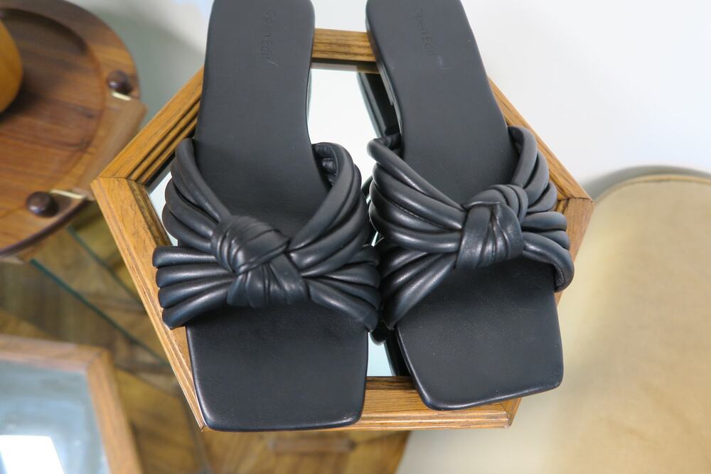 Open Edit Black Knotted Strap Slide Sandals